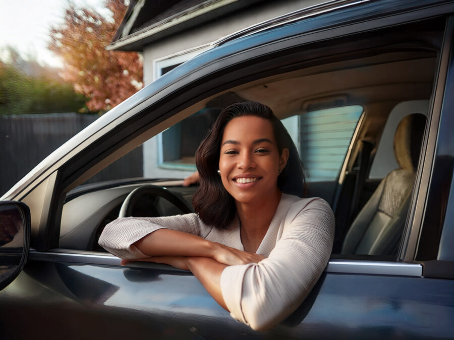 painting of woman sitting in driver's seat in a car