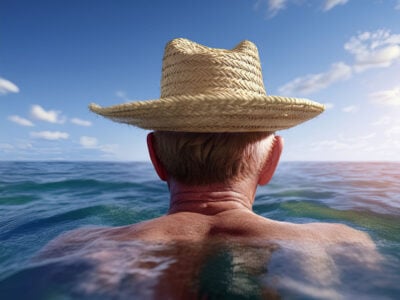 AI image of man in straw hat in the ocean