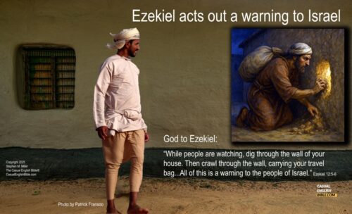 Photo and illustration of a clay house and of Ezekiel digging a hole in the wall of his house