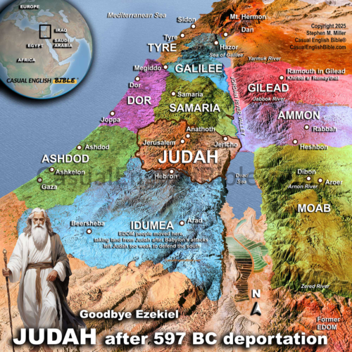 Color-coded map illustrating ancient Israel's tribes and regions after the 597 BC deportation, highlighting biblical locations and historical context.