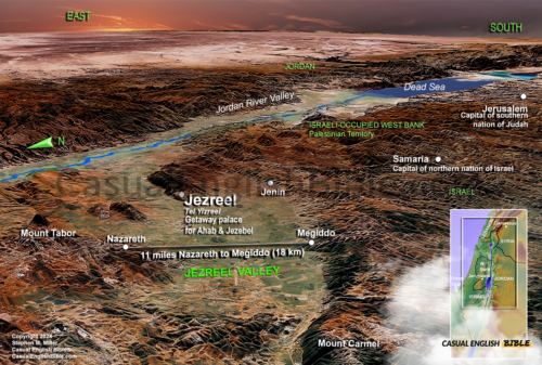 3d Bible map of Jezreel where Ahab and Jezebel had a second palace. For Casual English Bible.