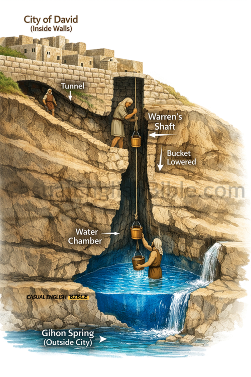 Gihon Spring water system for City of David. Art for Casual English Bible