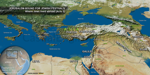 Map of Diaspora, scattered Jews come to Jerusalem for Pentecost.