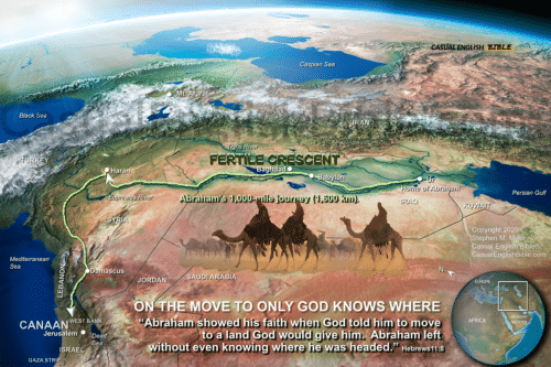 Map of Aabraham's journey from Ur to Haran to Hebron in Canaan, now Israel. Casual English Bible