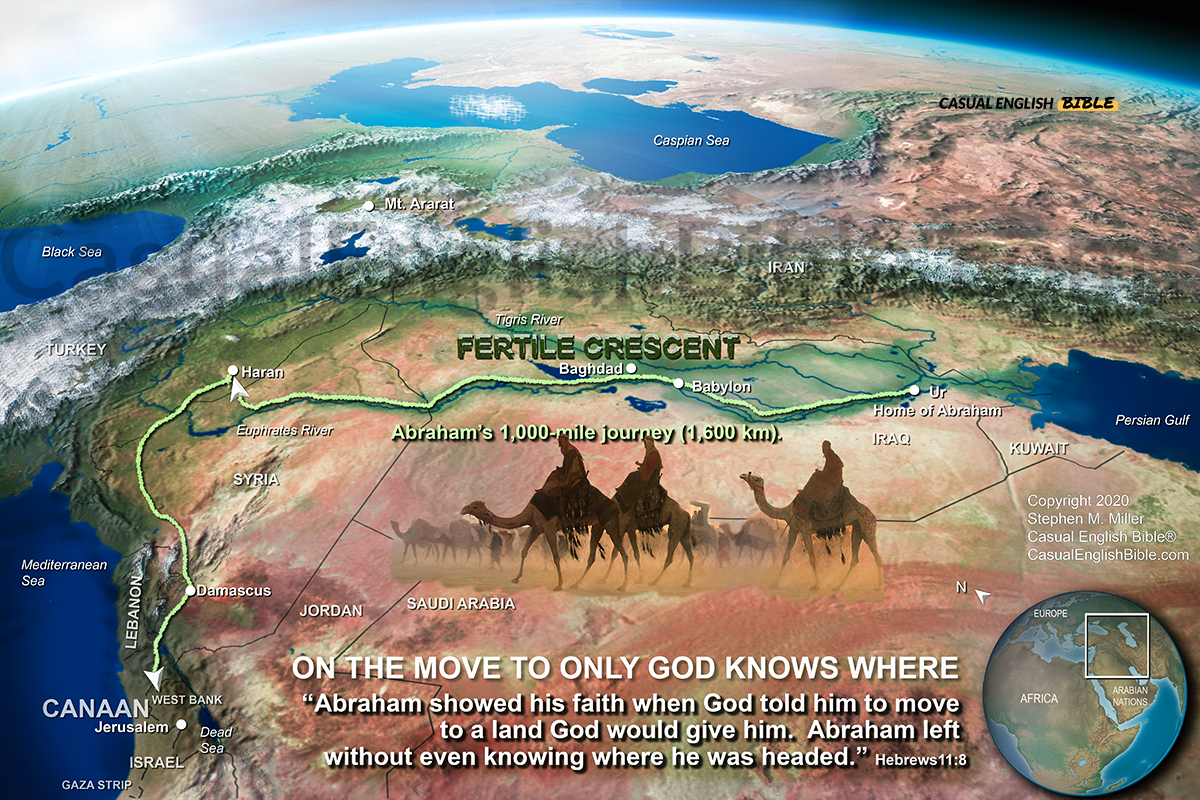 Map of Aabraham's journey from Ur to Haran to Hebron in Canaan, now Israel. Casual English Bible