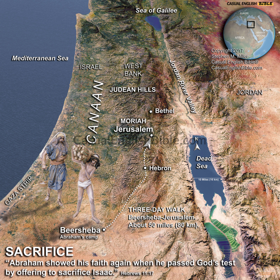 Map of Abrahm's attempt to sacrifice his son, Isaac, in Jerusalem. Casual English Bible