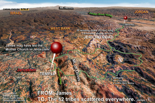 3D-styled map of the Jericho Road climbing uphill to Jerusalem. For The Casual English Bible