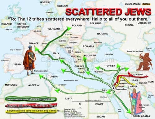 Map of Diaspora, showing Jews scattered throughout the Mediterranean world during Roman times, Babylonian times, and Assyrian times. For the Casual English Bible