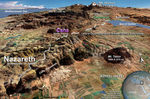 3D-like map of Nazareth, Cana, and Capernaum. Casual English Bible