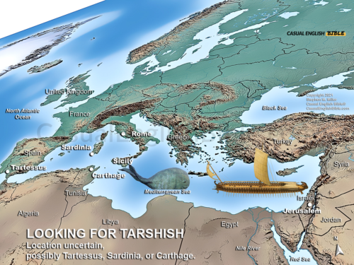 Illustrated 3D-style map showing possible locations of Tarshish. For The Casual English Bible