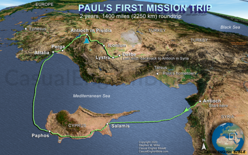 Map of route of Paul's first mission trip and the churches he started in what is now Turkey...churches Peter addressed in his letter of 1 Peter. For the Casual English Bible