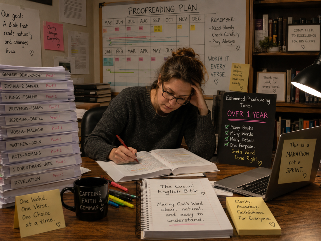 AI-generated image of woman proofreading The Casual English Bible