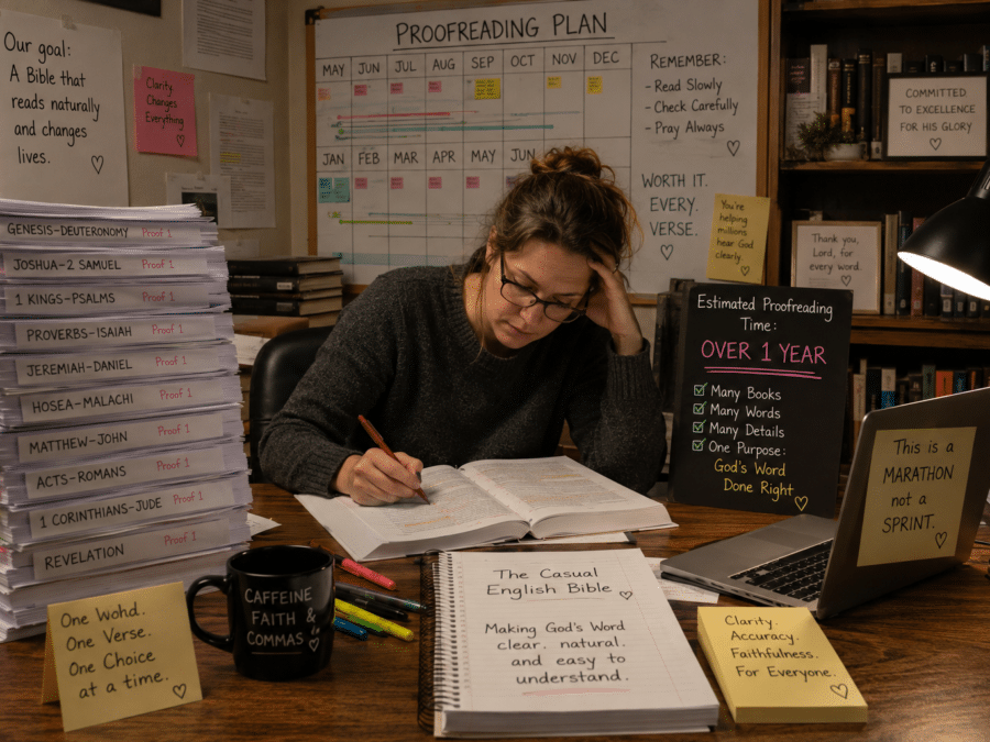 AI-generated image of woman proofreading The Casual English Bible