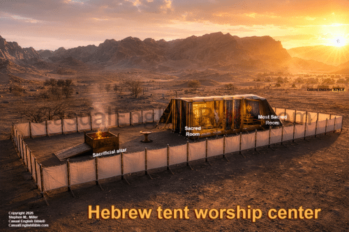 leviticus 25 Illustration of Hebrew worship center, The Tabernacle, at sunset. 1200px. For The Casual English Bible
