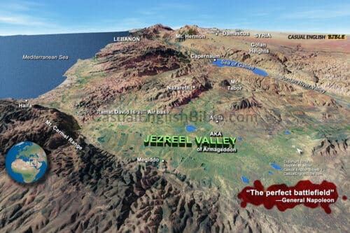 3D style map of the Jezreel Valley sometimes known as the Valley of Armageddon. For the casual English.