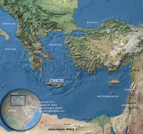 Casual English 3D map of Crete the island where Titus was to work as a mission associate of the Apostle Paul . titus-3-crete-nicopolis-1200px