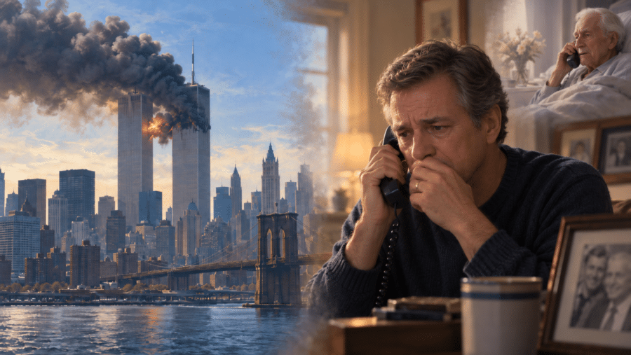 September 11 remembrance showing the Twin Towers and a final phone call between a son and his father before hospice